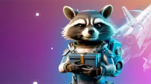 Изображение енота в солнечных очках с скипетром, празднующего с воздушными шарами и золотыми монетами, символизирующее приветственный бонус в Bitz Казино.